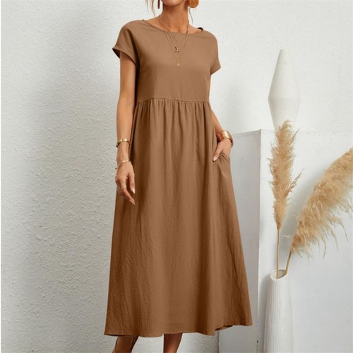 Ladies Summer Casual Cotton Linen Midi Dress Womens Holiday Plain Pleated Swing - Picture 8 of 26