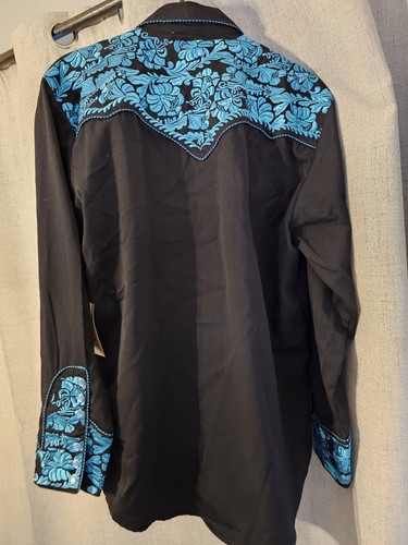NEW Scully Men's Embroidered Gunfighter Pearl Snap Western Shirt Black Turquoise - Picture 2 of 13