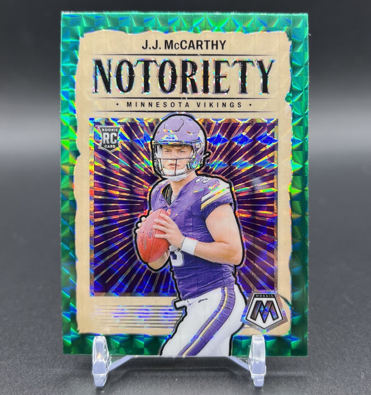 JJ McCarthy 2024 Mosaic Green Prizm Notoriety Rookie #21 Vikings