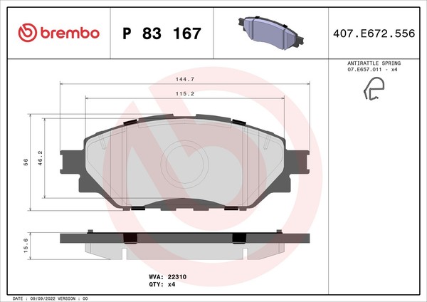 Bremsbelagsatz Scheibenbremse Prime Brembo P 83 167 FüR Hilux Toyota 8 Pick Up-image