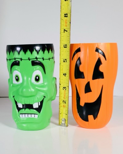 Lote 2 tazas de plástico estilo molde soplado Halloween vintage Jack O’Lantern Frankenstein - Imagen 7 de 7