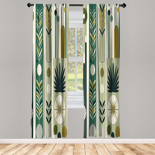 Mid Century Modern Curtains, Abstract Circles Leaves and Stripes in Nature Co... - Picture 2 of 4