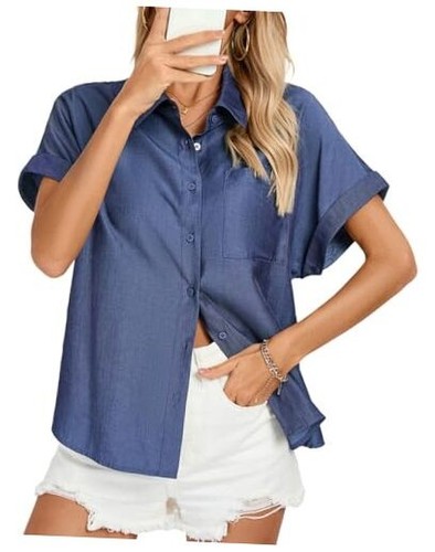 Womens Button Down Casual Shirts Short Sleeve Blouses Solid Summer Tops with