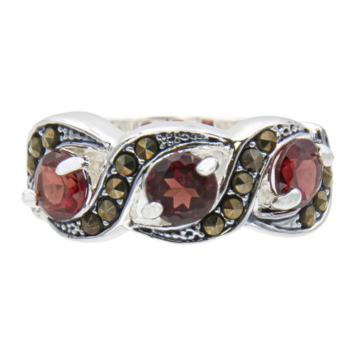 Genuine Red Garnet and Marcasite Statement Ring, Size 6
