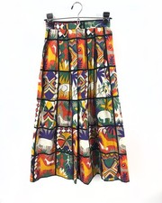 Vintage Safari Midi Skirt Womens 4 Art Statement Colorful Tribal Boho Indie USA