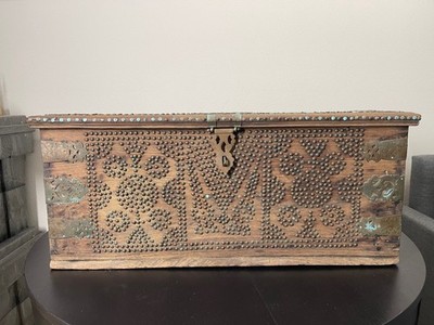 Antique 19th Century Zanzibar Chest   Hand Forged Brass Studded Dowry / Merchan