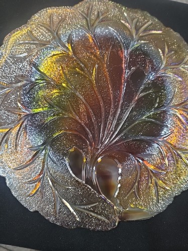 Plato de vidrio de carnaval rama de árbol de caléndula iridiscente de vidrio Indiana de colección 10" - Imagen 4 de 5