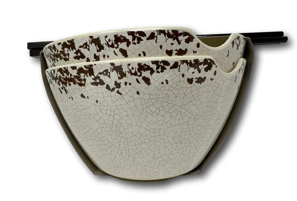 Tommy Bahama Juego de 2 Cuencos de Melamina Ramen con Palillos Crackle Blanco Rústico Foto 3 de 3