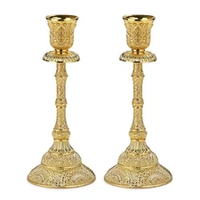  Set of 2 Taper Candle Holders Vintage Metal Pillar Candlestick Holders Golden