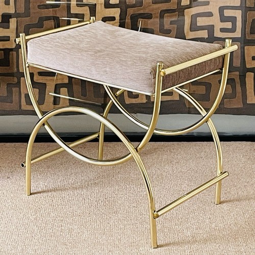 Vintage KOCH ORIGINALS INC Brass Finish Vanity Bench Stool with Fabric Seat - Picture 10 of 14
