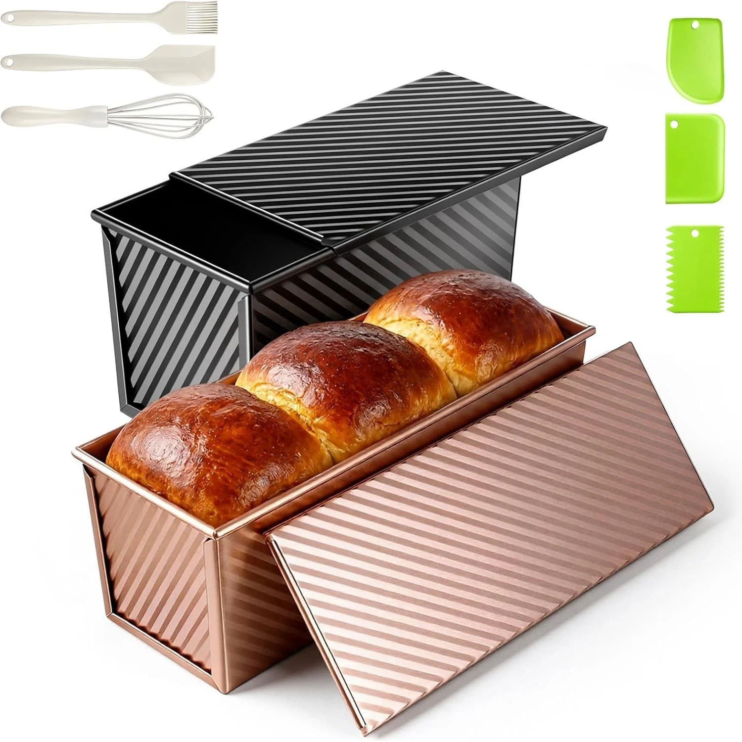 2 Pack Pullman Loaf Pan W/ Lid & a Silicone Spatula & Basting Pastry Brush
