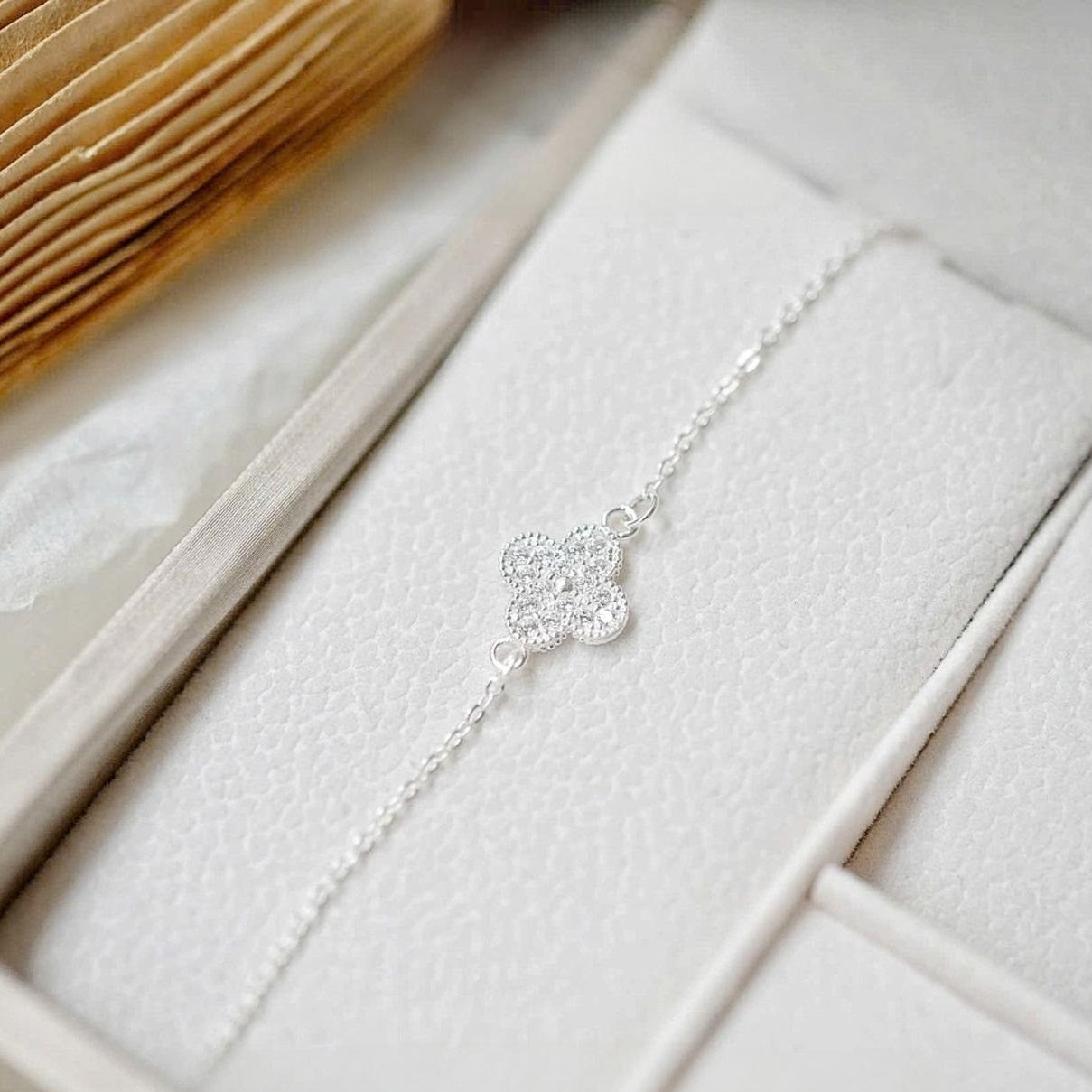 Vintage Alhambra 18K White Gold Bracelet with Diamond Clover Motif by VC & Arpels