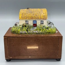 Vtg Galway Bay Musical Jewelry Box w/ Traditional Irish Cottage Works Needs Knob