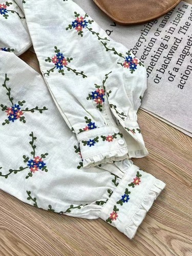 Sezane Women's Vintage Embroidered Floral Ruffle Loose Blouse - Picture 13 of 16
