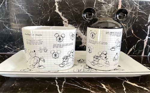 Disney Mickey Mouse Sketchbook White Bathroom 3 pcs Set tray Tooth brush Jar New - Picture 5 of 6