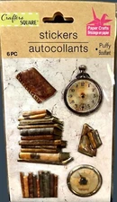 Puffy Stickers, Vintage look, Book Stack, Pocket watch, Journal, Scrap booking,