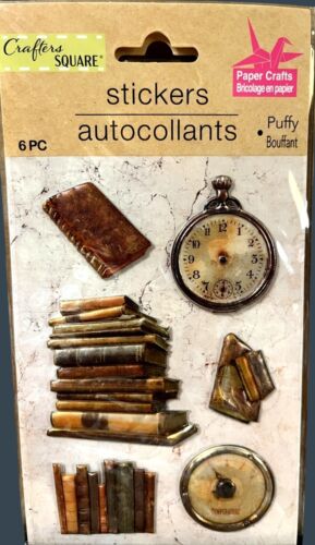 Puffy Stickers, Vintage look, Book Stack, Pocket watch, Journal, Scrap booking,