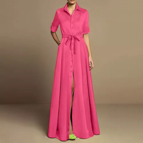 Robe maxi chemise boutonnée col V femme Royaume-Uni manches courtes OL robes longues - Photo 4/18