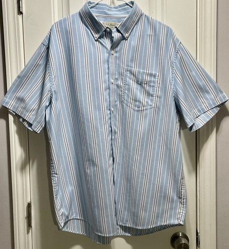LL Bean Hemd Herren Gr. Large Blau Gestreift Kurzarm Button Down Baumwolle 500835