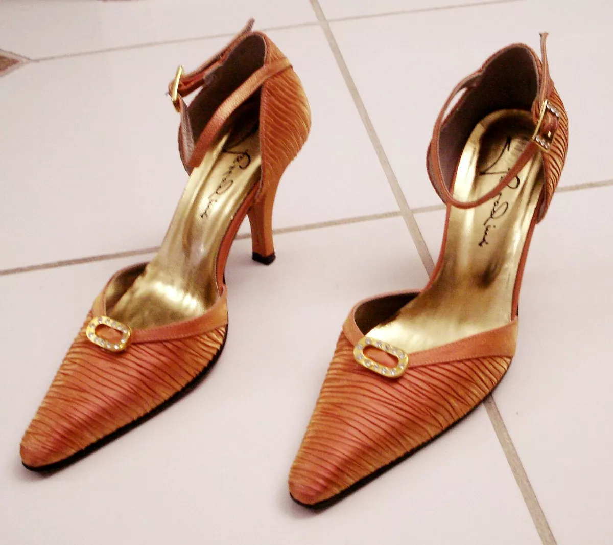 FERRADINI WOMEN S METALLIC ROSE GOLD HEEL PUMPS RHINESTONE SHOE SIZE 37 US 7