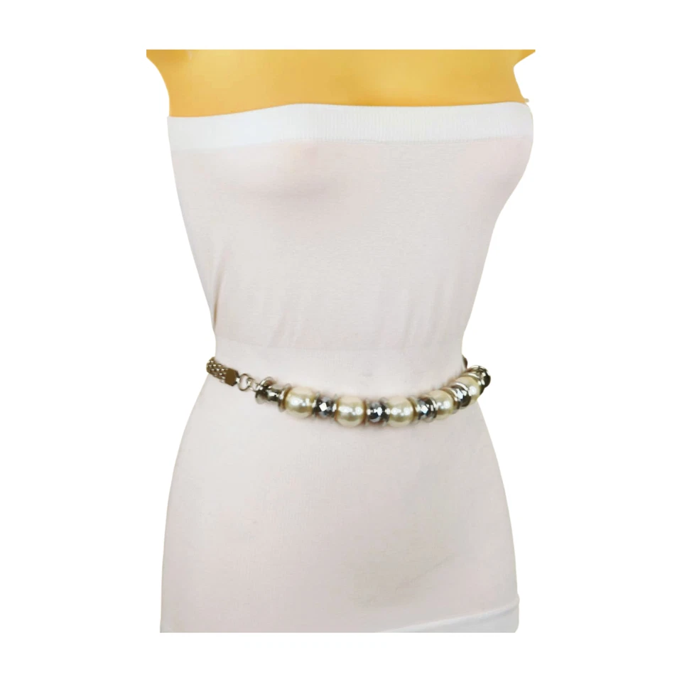 Cintura Alta In Vita Hip In Metallo Argento Con Perline Bianche E Perle S M - Immagine 2 di 4