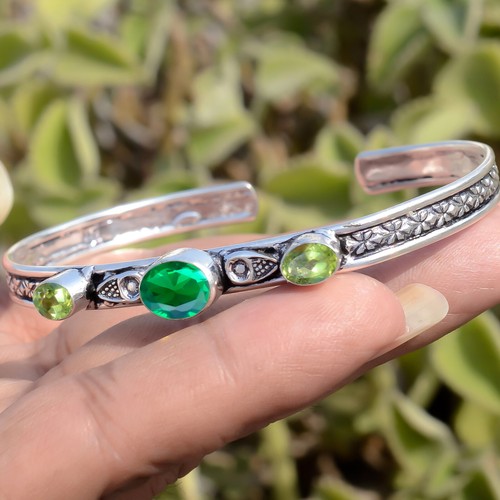 Chrome Diopside, Peridot Oval Cut Gemstone Bracelet 925 Sterling Silver Man Cuff - Picture 2 of 8