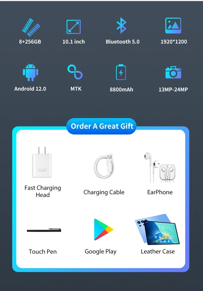 10.1 Inch Tablet PC 10-Core Android 12 8GB RAM+256GB ROM Dual SIM Camera 8800Mah - Image 3 of 4