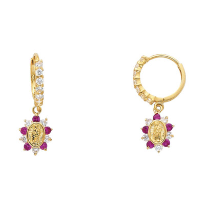 Ioka - 14K Yellow Gold Hanging Our Lady of Guadlupe CZ Stone Huggies ...