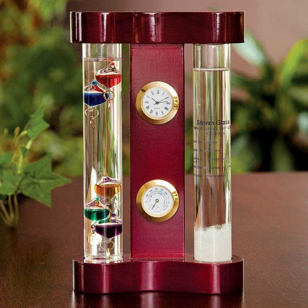 Classic 4 in 1 Galileo Weather Station Pine Wood Case Table Desktop Home Decor
