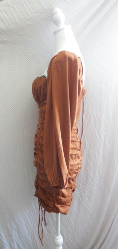 NEW ASTR The LABEL Bronze MARDI Long Sleeve RUCHED Lace Trimmed MINI DRESS M - Picture 8 of 19