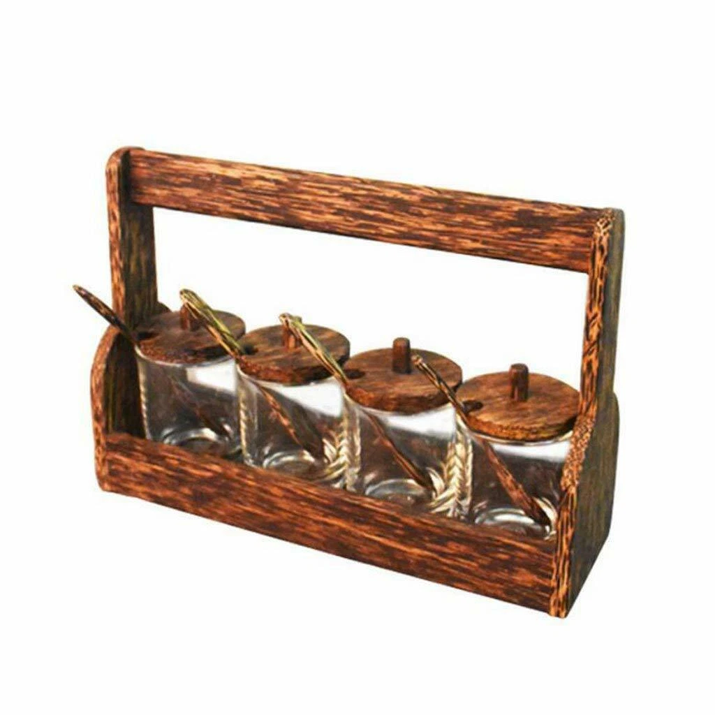 Wooden carry rack with glass jars, lids & spoons for condiments, spices, jams