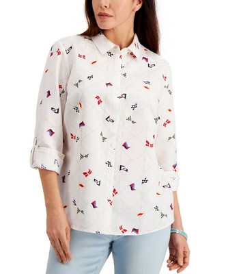 Linen Nautical Print Blouse White 