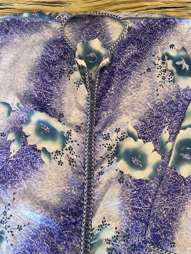 Vintage Moroccan Caftan Blue Floral Satin Kimono Sleeve Traditional Dress - Picture 9 of 9