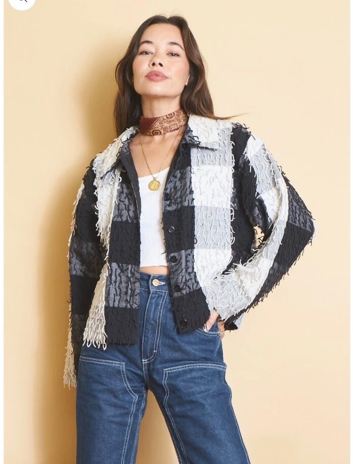 VTG New Directions S Gingham Checkered Fringe Cropped Jacket