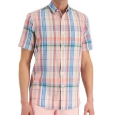 Club Room Men's Linen Cotton Textured Plaid Button Shirt Short Sleeve Casual