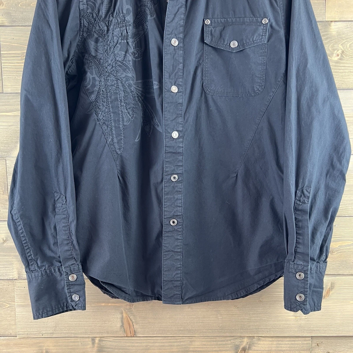 Camisa Guess Para Hombre Manga Larga Bordada a Presión Algodón Negra Talla Mediana