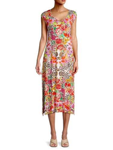NWT $180 Johnny Was XL Wild Garden Mixed-Print Stretch Jersey Long Midi Dress - Picture 7 of 12