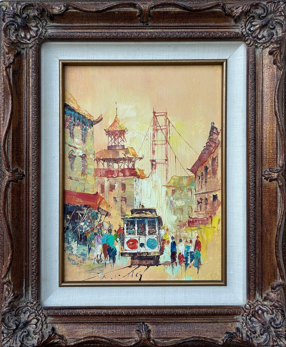 鉄道風景 油彩画 金色フレーム 風景画 油彩 金色フレーム（油彩画 金色フレーム 鉄道風景 弱々し）