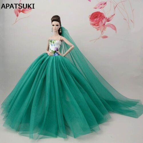 Green Flower Dress For 11.5" Doll Long Tail Evening Gown Clothes Wedding Dress - Photo 1/1