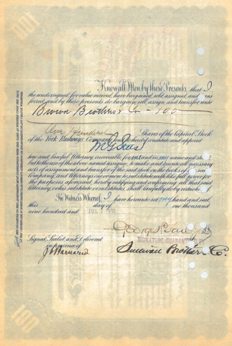 Firma de autógrafo de George H. Earle, Jr. en certificado de stock de los Ferrocarriles de York de 1908 - Imagen 2 de 2