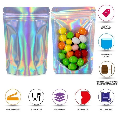 Holographic One Side Clear Stand Up Pouch Zip Lock Resealable Heat Sealable Bag - Picture 1 of 7