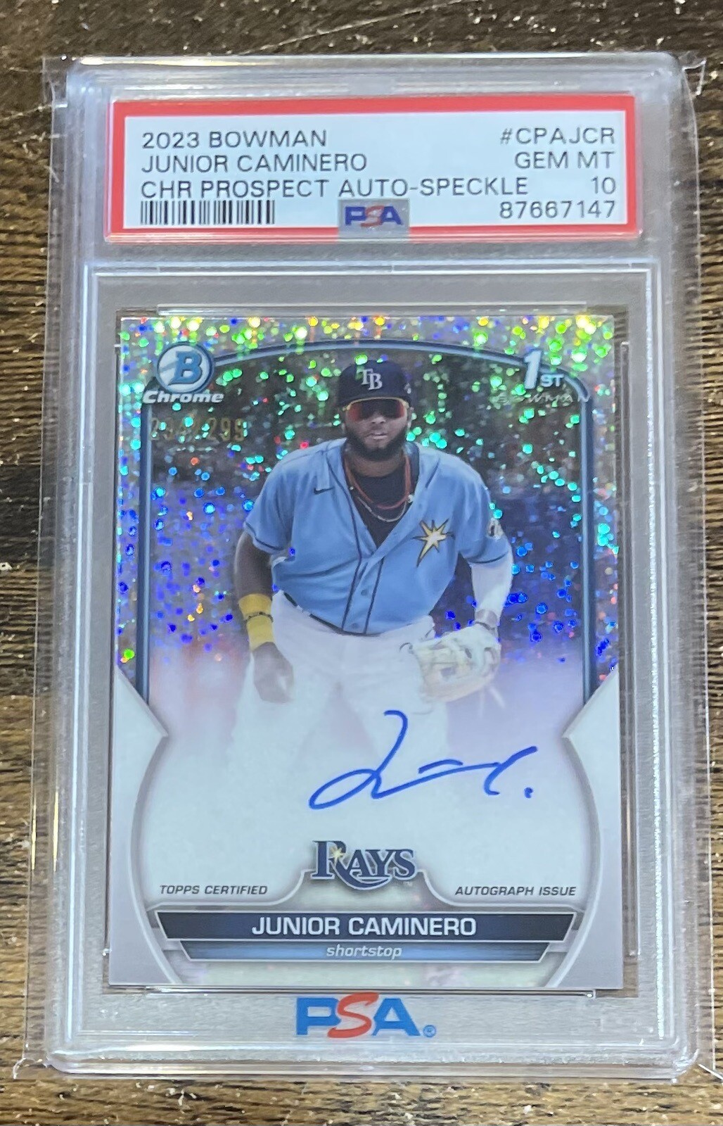 2023 Junior Caminero Bowman Chrome Prospect Auto Speckle /299 CPAJCR PSA 10 Rays
