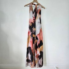 NEW Edition Asos Watercolor Print Satin Halter Maxi Dress 4 Pink Black Tan NWT