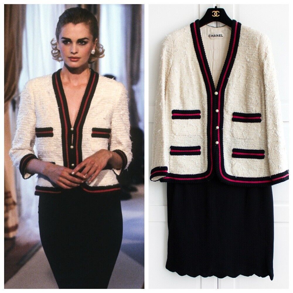 Chanel Vintage Haute Couture 1997 White Ecru Black Red Tweed Jacket Skirt  Suit