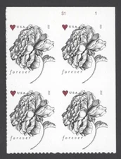 2015 US Scott #4959 Forever Rose & Heart Block of 4 Stamps Genuine - MNH