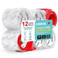 12 Rolls Packing Tape 2 in Wide Clear 65 yd Heavy Duty 780 yd 2 Dispensers