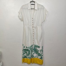Zara Womens Dress Large Cream Linen Blend Button Front Printed Hem Coastal Boho