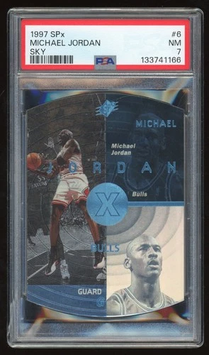 MICHAEL JORDAN 1997-98 UPPER DECK SPX BASKETBALL #8"DIE-CUT BLUE" CARD PSA 7