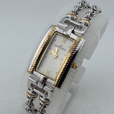 Anne Klein Swiss Parts Quartz Watch Women Dual Tone Rectangle New Battery 6.75''