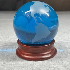 Blue Liquid-Filled Art Glass World Globe on Mahogany Base - Desk Decor